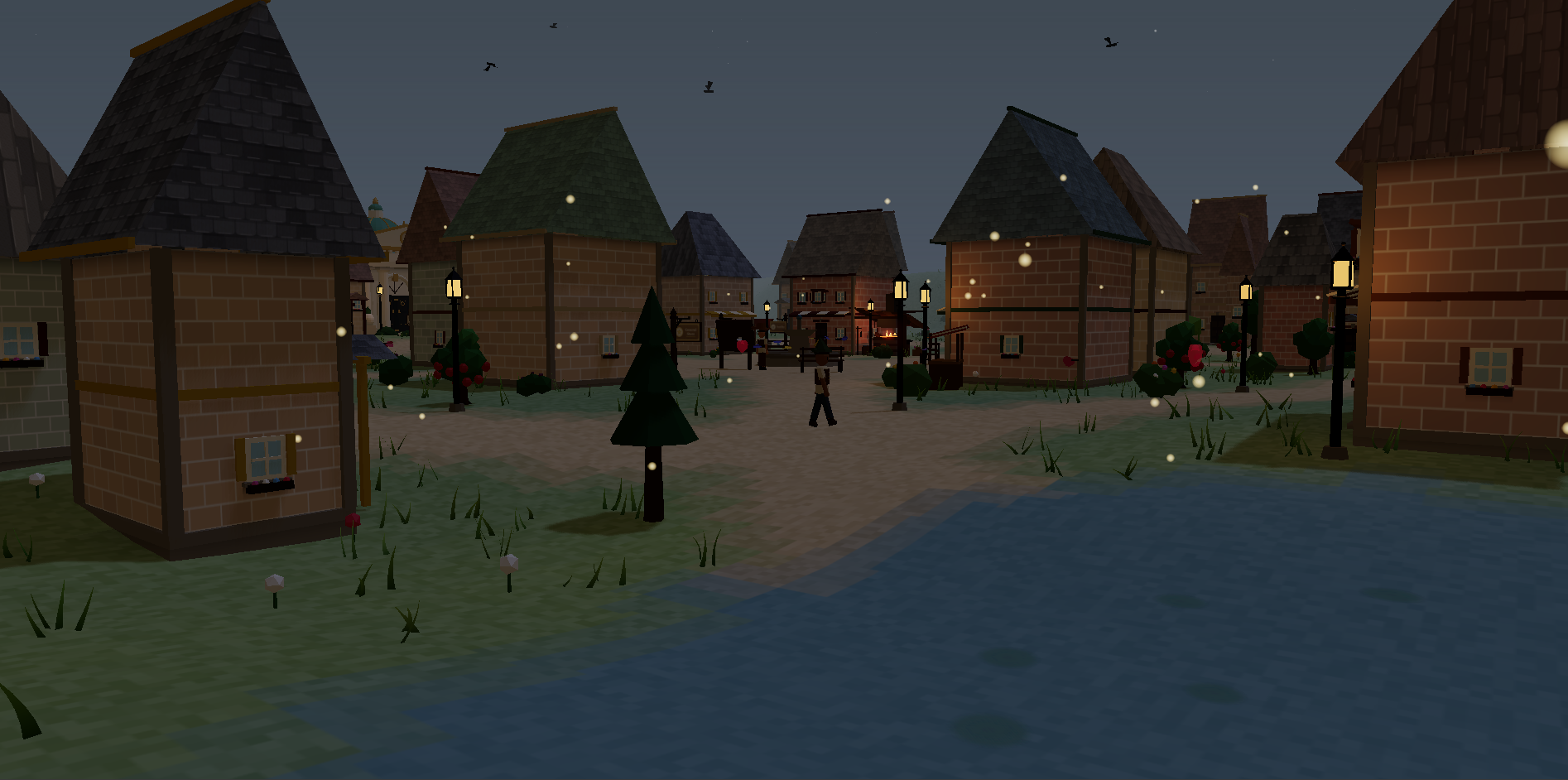 Acorn Hollow town square at dusk, lantern-lit cottages ringing the fountain