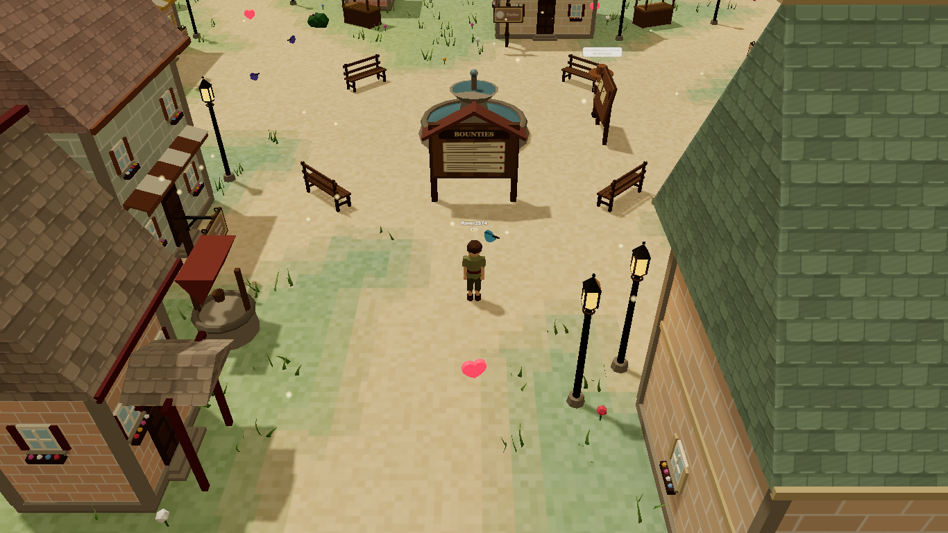 A player standing by the fountain in the Acorn Hollow town square